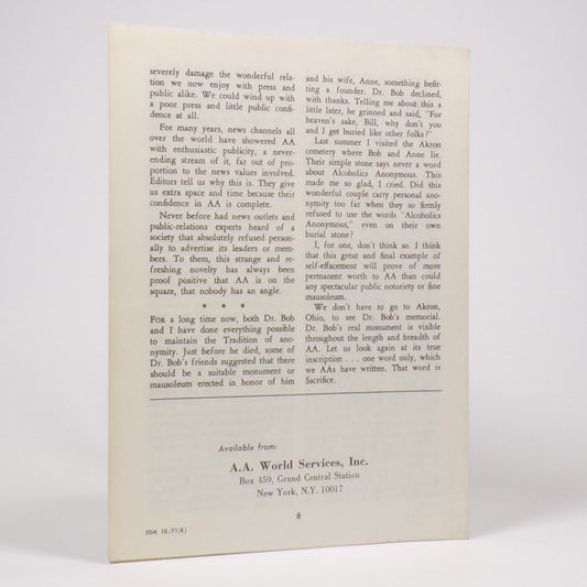 Bill Wilson - Why Alcoholics Anonymous Is Anonymous - Rare Offprint