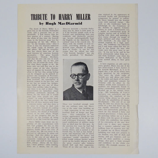 Hugh MacDiarmid - Tribute to Harry Miller - First Edition