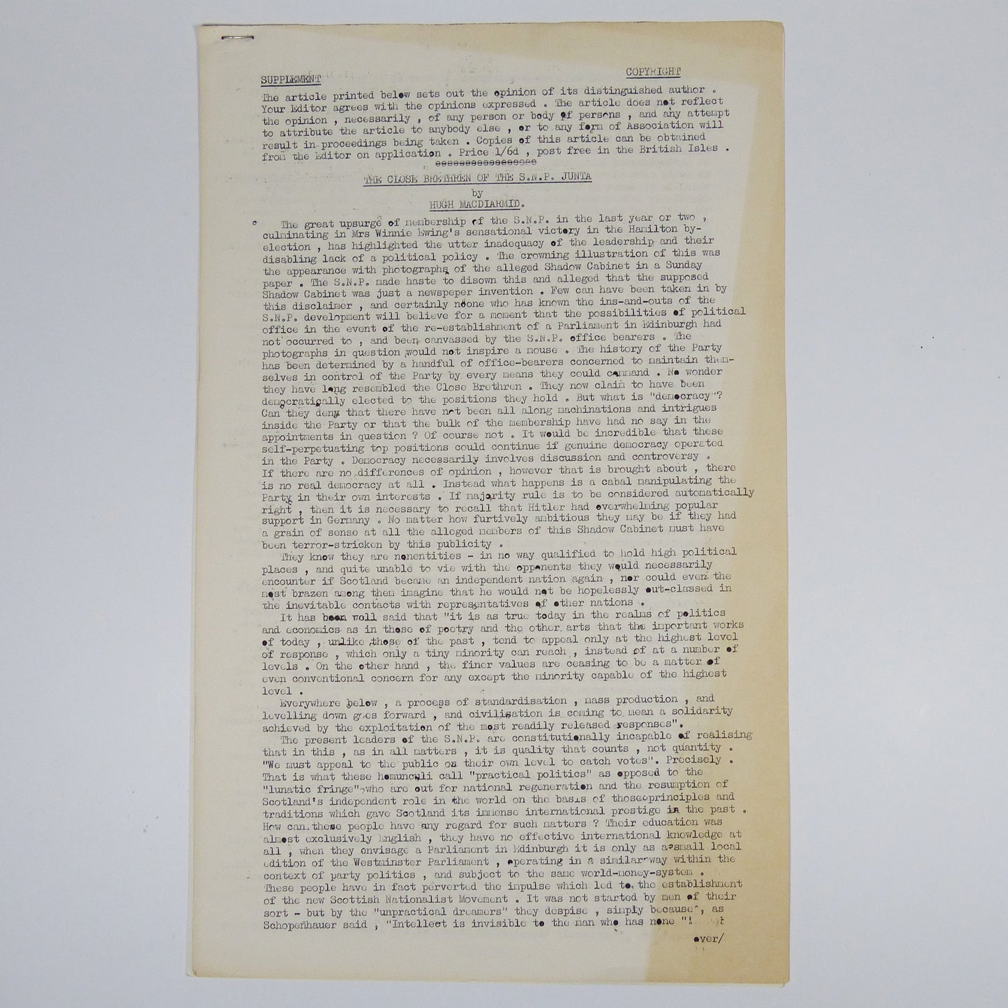 Hugh MacDiarmid - The Close Brethren of the S.N.P. Junta - Original Article