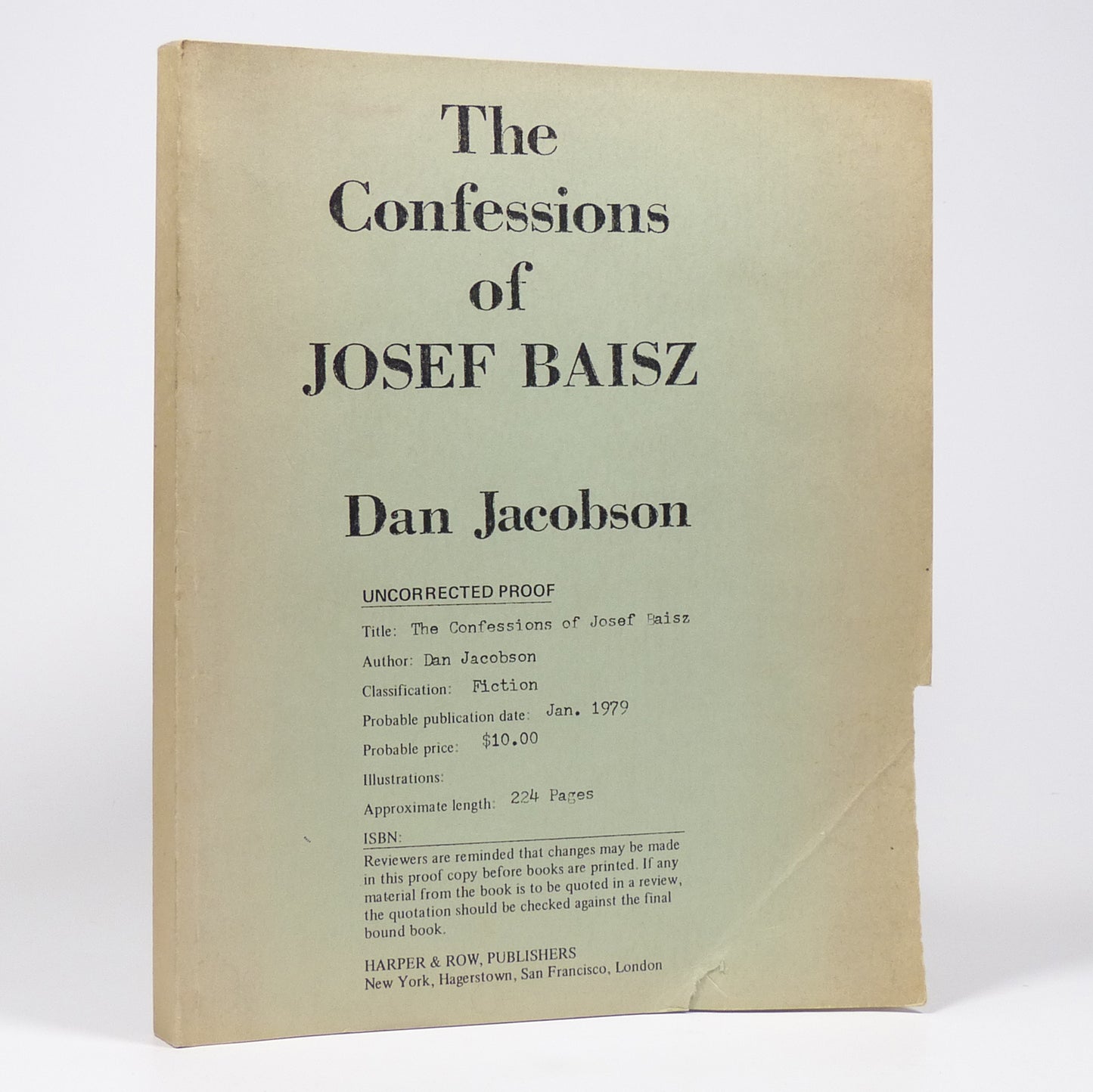 Dan Jacobson - The Confessions of Josef Baisz - Uncorrected Proof Copy